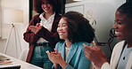 Employees, women and happy with applause at office for celebration, teamwork and collaboration. Business, people and excited or smile with success, victory and achievement on project or deal