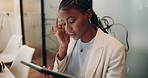 Black woman, tablet and headache in office for business, stress or prepare for presentation. Girl, tech or migraine in boardroom with company error, digital information or overworked employee reading