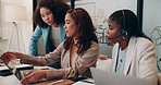 Call center, laptop or training team of women for customer service, support or about us. Computer, telemarketing or  group discussion for learning, help or teaching lead generation to intern or agent