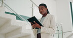 Reading, tablet and app with business black woman in office for seo specialist, planning and website. Voice search software, audio activated technology and ai assistant with person in tech startup