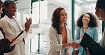 Business women, handshake and partnership with applause, agreement or welcome for promotion. People, employees and colleagues in onboarding for new hire, negotiation and meeting in company or office