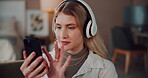 Business woman, phone and music for research, creativity and writing article with podcast inspiration. Journalist, headphones and web for investigation, news report and press release with submission