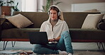 Business woman, laptop and music for research, creativity and writing article with podcast inspiration. Journalist, technology and news for investigation, report and press release with headphones