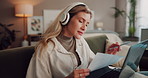 Student, woman or music on sofa with laptop, research or paper in home for checklist. Girl, computer or headphones in living room for notes comparison, syllabus information or audio for concentration