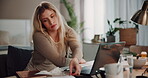 Woman, home and tired on laptop with documents for online research on school project as university student. Female person, learner and exhausted or burnout in bedroom at apartment for assignment