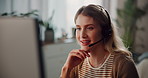 Woman, computer and virtual assistant in home, customer support and talking to client or helping. Female person, conversation and online for faq questions, remote work and agent for tech service