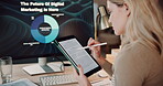 Woman, reading and tablet with computer screen for marketing, finance growth and review chart of project. Female person, remote work and digital information for sales progress, graph report and house