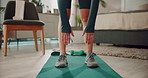 Fitness, stretching and feet of woman in home with health, wellness or commitment body care. Legs, muscle and girl on yoga mat for warm up in bedroom for morning exercise, workout or balance on floor