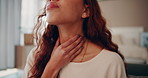Sick woman, cough and virus with sore throat on sofa for viral infection or cold and flu at home. Closeup, young or female person with neck ache, inflammation or allergy for sinus, fever or influenza