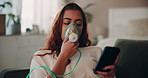 Woman, asthma and phone with nebulizer for breathing air, chronic illness or respiratory at home. Young, female person or patient with medical mask and mobile smartphone for clean oxygen or inhaler