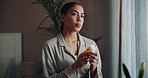 Woman, thinking and pills for recovery with illness or medical condition for health, remedy and cure. Female person, medication and pharmaceutical drugs for symptoms or allergy in living room or home