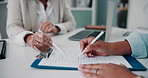 Hands, woman and insurance agent with paperwork for medical information, registration or application. Healthcare, advisor and client in consultation with document for patient signature in office.