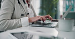 Typing, laptop and hands of doctor in hospital for medical service, telehealth and online consulting. Healthcare, clinic and woman on computer for insurance, website and research for patient review