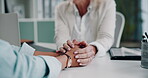 Holding hands, comfort and people with care in therapy for bad news, depression and mental health. Support, closeup and person with kindness, empathy and help for rehabilitation at psychology clinic