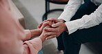 Holding hands, support and women with care in therapy for bad news, depression and mental health. Comfort, closeup and person with kindness, empathy and help for rehabilitation at psychology clinic