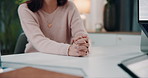 Woman, hands and nervous with therapist for psychology, mental illness or difficult time at office. Closeup, female person or patient talking to psychologist for emotional support, empathy or care