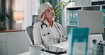 Mature woman, doctor and neck pain with stretching in office for relief, remedy or stress management. Female person, physician and tired with fatigue, exhausted and overworked in clinic or hospital