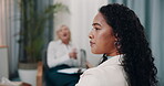 Sad, depression and woman in therapy, clinic and mental health of person, thinking or psychology. Stress, patient and healthcare with therapist, contemplating and help for grief, anxiety or emotional