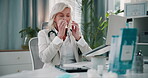 Sick, blowing nose and woman or mature doctor in office for allergies, virus outbreak and medical infection. Tissue, disease and sneeze with healthcare person and cold for sinus, risk and congestion