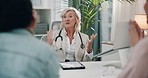 Mature woman, doctor and consultation with good news for clients, help or medical advice at office. Female person, cardiologist and consulting with patients for healthcare service, relief or results