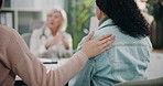 Hand, support and friends at hospital consultation for cancer diagnosis, hope and healthcare. Comfort, sick patient and listening to medical doctor with kindness, help and empathy with back of women
