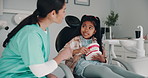 Child, women and dentist with toothbrush method for hygiene, demonstration and education on teeth model. Girl, mother and orthodontist with interactive learning, health advice and dental clinic