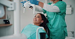 Nurse, happy woman and dentist check teeth for cleaning, oral hygiene and hands for dental wellness. Tooth whitening, orthodontics and prepare patient for root canal treatment for health at clinic