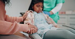 Mother, hands and scared child at dentist for oral hygiene, dental appointment and fear of healthcare. Consultation, girl kid or nervous for mouth examination at hospital with medical checkup support