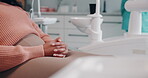 Nervous, hands and person in appointment for dental, oral care and procedure for cleaning teeth in clinic. Healthcare, patient and scared woman with fear of treatment, surgery and anxious in hospital
