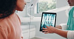 Hospital, woman and dentist with tablet screen for x ray, teeth diagnosis and dental structure in appointment. Results, patient and doctor with tech for orthodontic procedure and planning for surgery