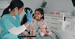 Child, dentist and tablet with high five for xray demonstration, hygiene or education of teeth cleaning results. Girl, doctor or orthodontist for interactive learning, health advice and dental clinic