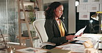 Business woman, accountant and night with documents for finance, company statistics or report at office. Female person, financial analyst or employee working late with paperwork for corporate budget