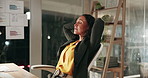 Business woman, finished and night with relax for completion, tasks or work productivity at office. Female person, employee or break for done deadline, rest or stretch on chair in relief at workplace