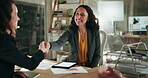 Deal, handshake and thank you with financial business people in office together for agreement or merger. Meeting, finance and success with employee team shaking hands at work at night for contract