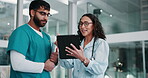 Doctor, nurse and tablet for healthcare plan in hospital, talking and online for surgery strategy. Mature woman, man and website for consulting on medical record, speaking and review clinic policy