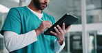 Hands, nurse and man on tablet for healthcare report, results or information in hospital. Technology, pen and medical professional on app for telehealth, research or writing email for wellness update