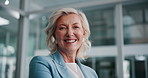 CEO, face and smile of business woman in office for job experience or opportunity at night. Portrait, mature manager and happy expert, financial executive and investor laughing in Sweden on deadline