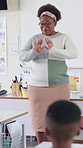 Black woman, teacher and talking to class, english and kindergarten educator for teaching kids. Female person, speaking and lesson for mind development of pupils, helping children and storytelling