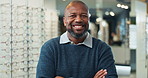 Face, thinking and welcome with optometrist black man in eyewear store for checkup or consultation. Glasses, portrait and smile of mature person in optometry clinic for healthcare, service or vision