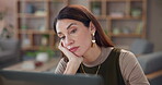 Home office, woman or tired writer on laptop for journalism or research online with fatigue or burnout. Exhausted, journalist and bored author frustrated by article story, copywriting and remote work