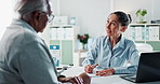 Woman, doctor and writing with elderly patient for prescription, diagnosis or dosage at clinic. Female person, medical employee or healthcare consultant taking notes for senior client or consultation