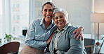 Happy women, lawyer and hug with support for retirement, pension or financial services at office. Portrait, female person and senior smile with advisor for embrace, annuity fund or investment plan
