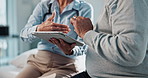 Doctor, patient and hands with tablet for consultation, healthcare advice or elderly care at hospital. Closeup, medical employee and senior with technology for health consulting, diagnosis or results