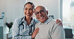 Happy woman, doctor and hug with elderly patient for consultation, visit or healthcare support at clinic. Portrait, female person and senior man with smile for checkup, assistance or medical help