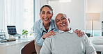 Happy woman, doctor and hug with patient in elderly care for consultation, visit or healthcare checkup at clinic. Portrait, female person and senior man with smile for assistance or medical help