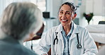 Happy woman, doctor and consulting with elderly couple for medical consultation or health advice at hospital. Female person, cardiologist and explaining checkup or clinic results with senior patients