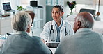 Happy woman, doctor and handshake with elderly couple for consultation, meeting or appointement at hospital. Female person, medical employee or surgeon shaking hands with senior for clinic visit