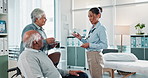 Doctor, pills and elderly couple with wheelchair for prescription, diagnosis or healthcare at clinic. Senior man, woman and physiotherapist with medication for person with a disability at hospital