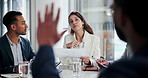 Team, question and business people in meeting for feedback, help and advice in office. Group, discussion and engagement manager answer query, training and planning project strategy with hand raised