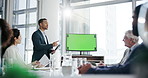 Technology, green screen and businessman with presentation for team in office with finance revenue forecasting. Chroma key, tracking markers and financial planners with computer for investment profit